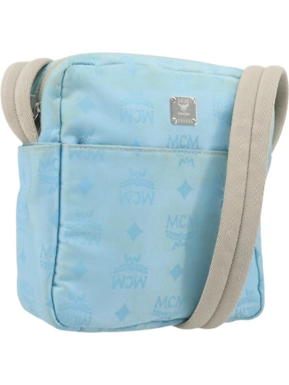 MCM Vicetos Logogram Shoulder Bag Nylon Light Blue Silver
